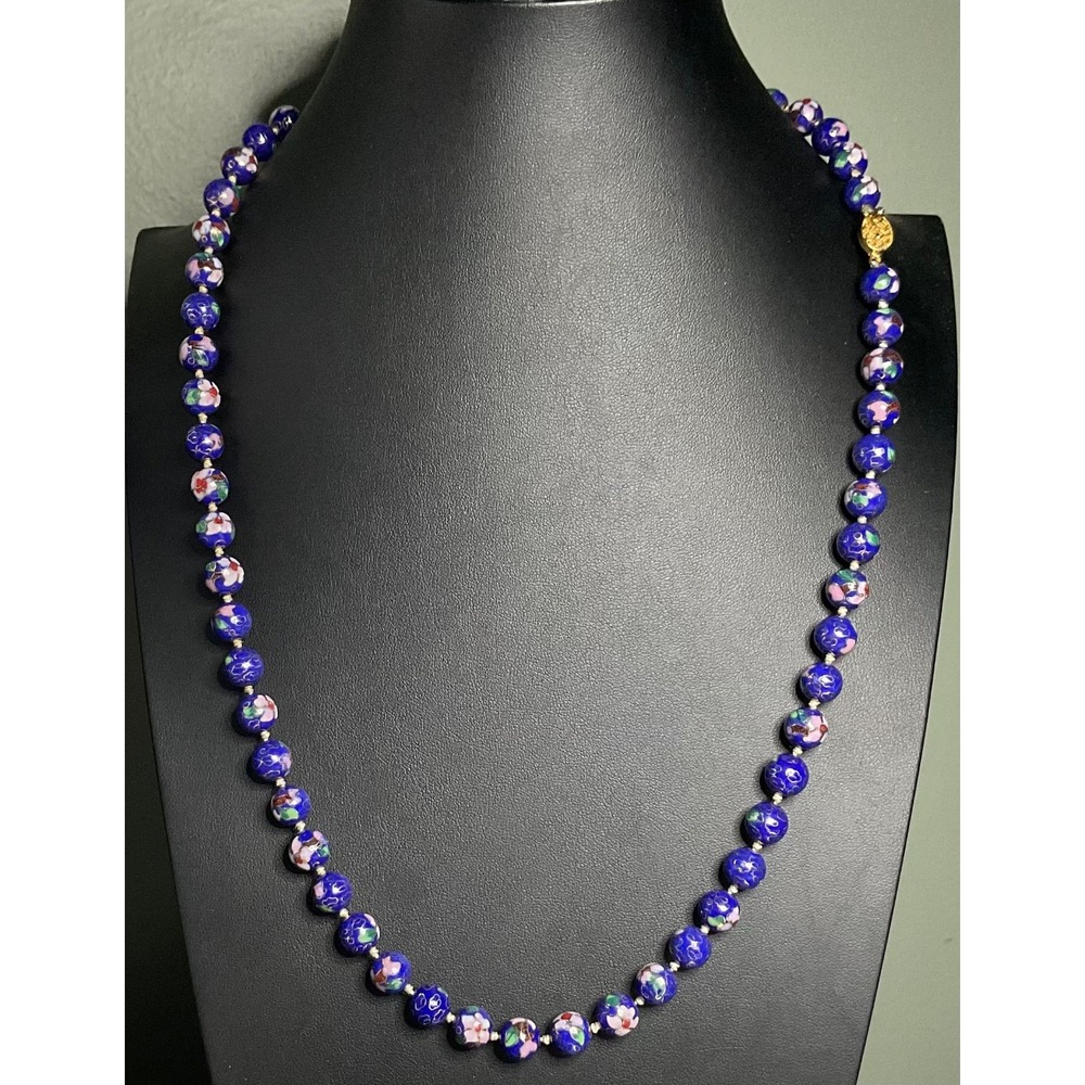 Vintage Cloisonne' Enamel Necklace, Hand-knotted,"Glass Beads" Cobalt Floral 28"